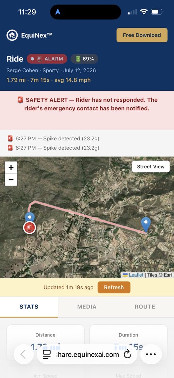 EquiNex share page in a web browser showing a safety alert, live map and spike marker