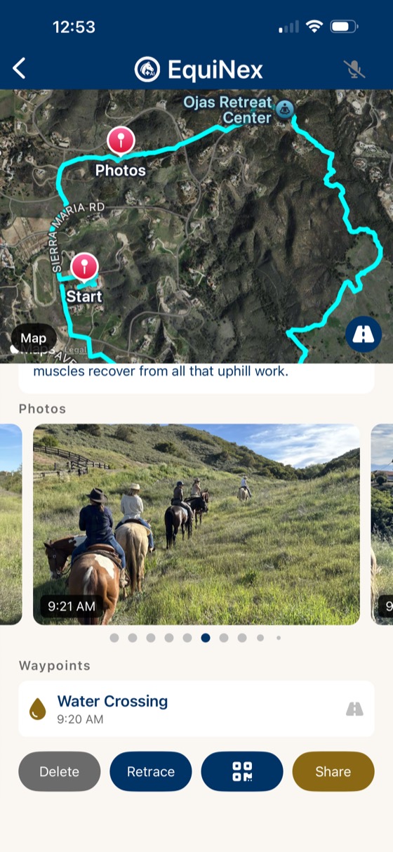 EquiNex ride record with group photos pinned to the route