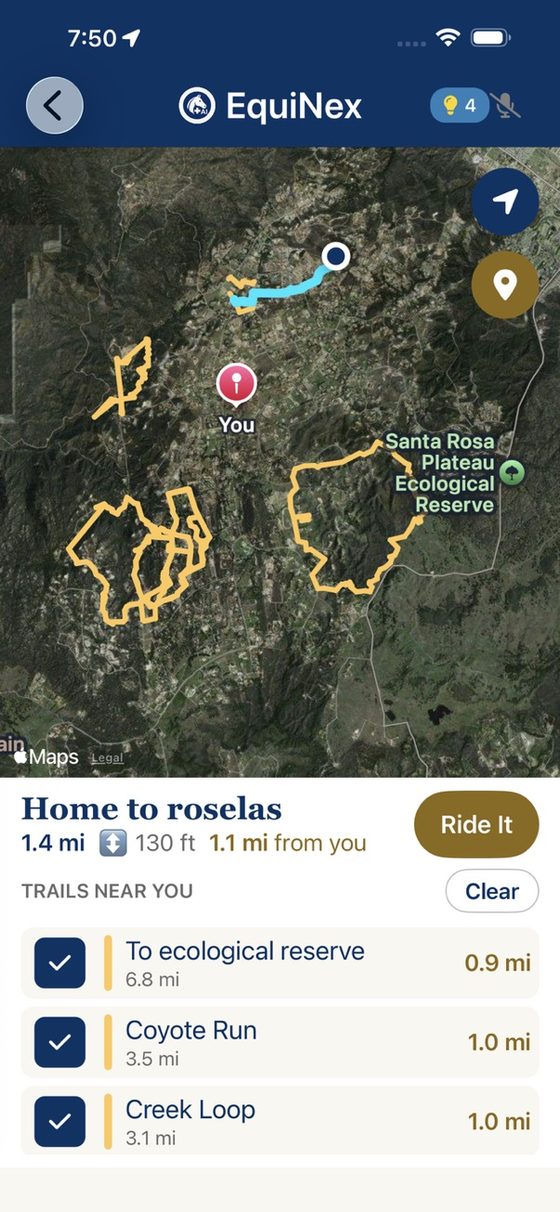 EquiNex map showing every library trail near the rider's location with a Ride It button
