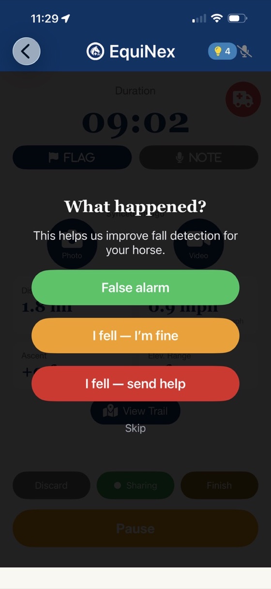 EquiNex post-alarm question: What happened? False alarm, I fell I'm fine, or I fell send help