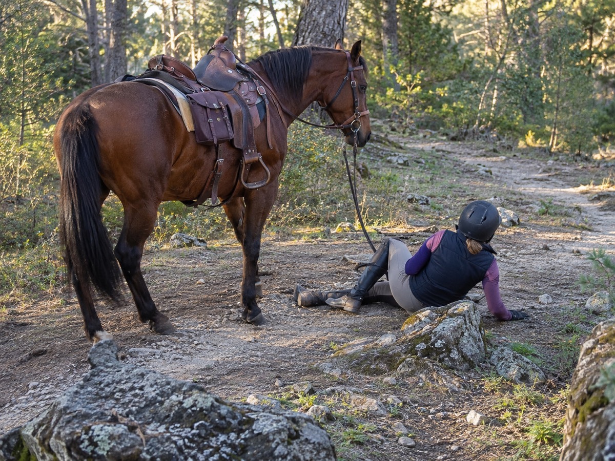 A rider in a helmet sits on a rocky forest trail after a fall, her saddled bay horse beside her: the moment a horse fall detection app is built for