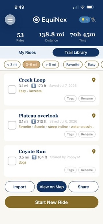 EquiNex trail library — saved and shared trails with distance, elevation, tags and filters